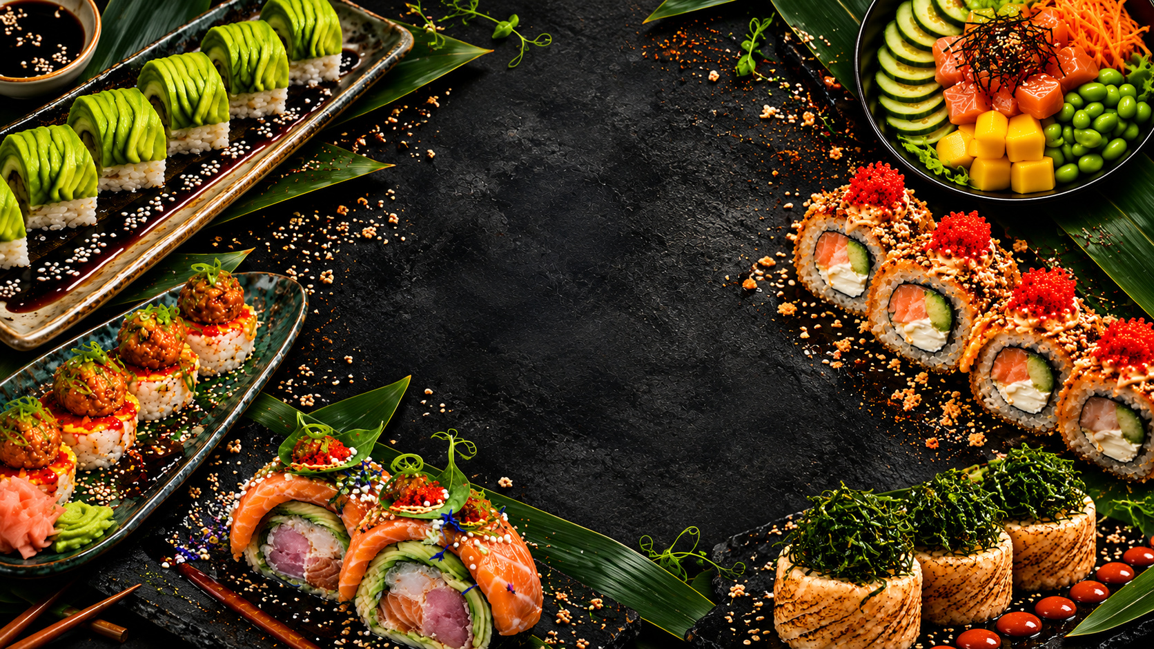 Prkna se sushi, nigiri, maki a poke bowl na tmavé břidlici